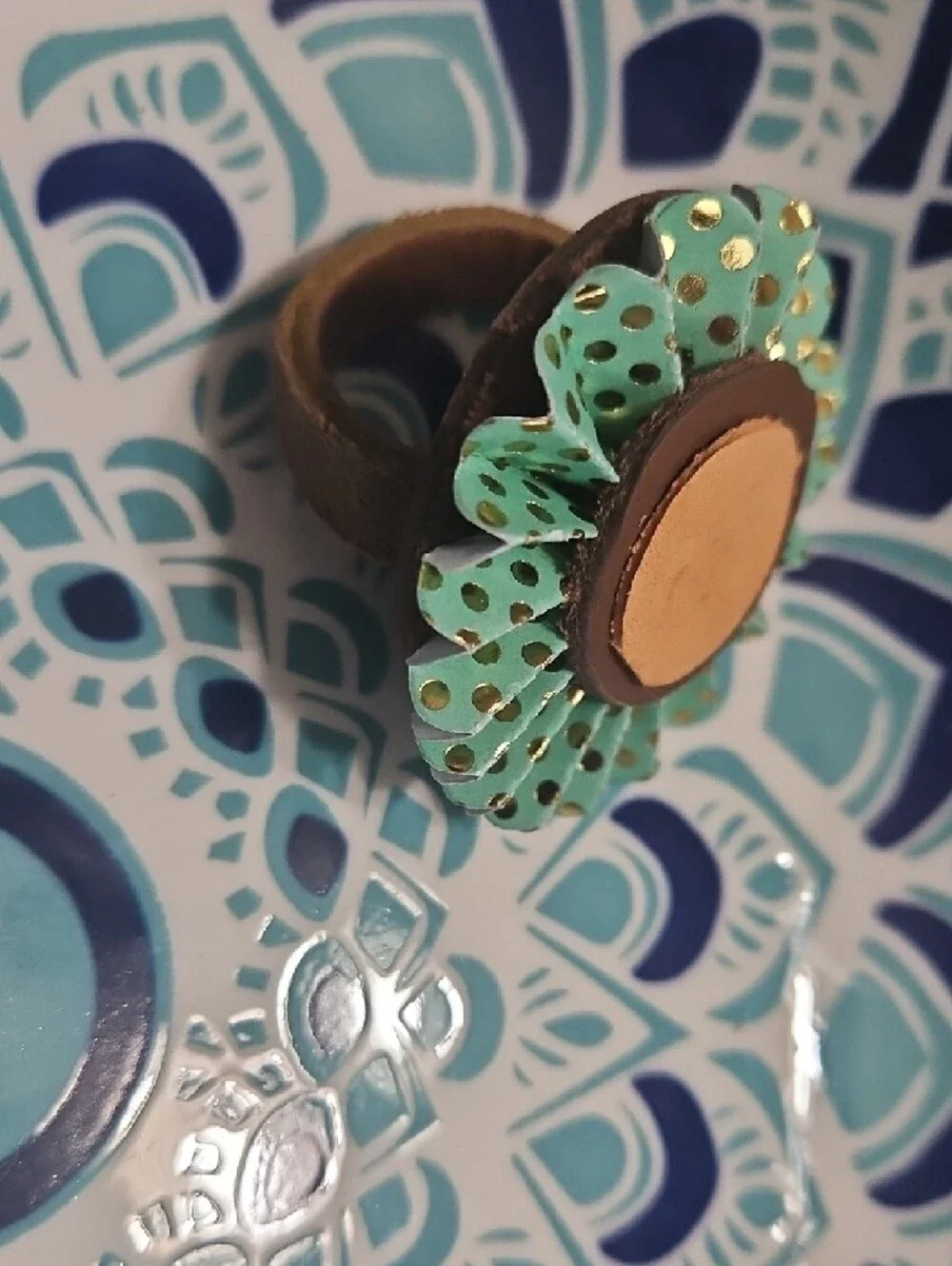 Hand Crafted Genuine Leathetlr Turquoise Polka Dot Flower Pet Collar Charm NEW